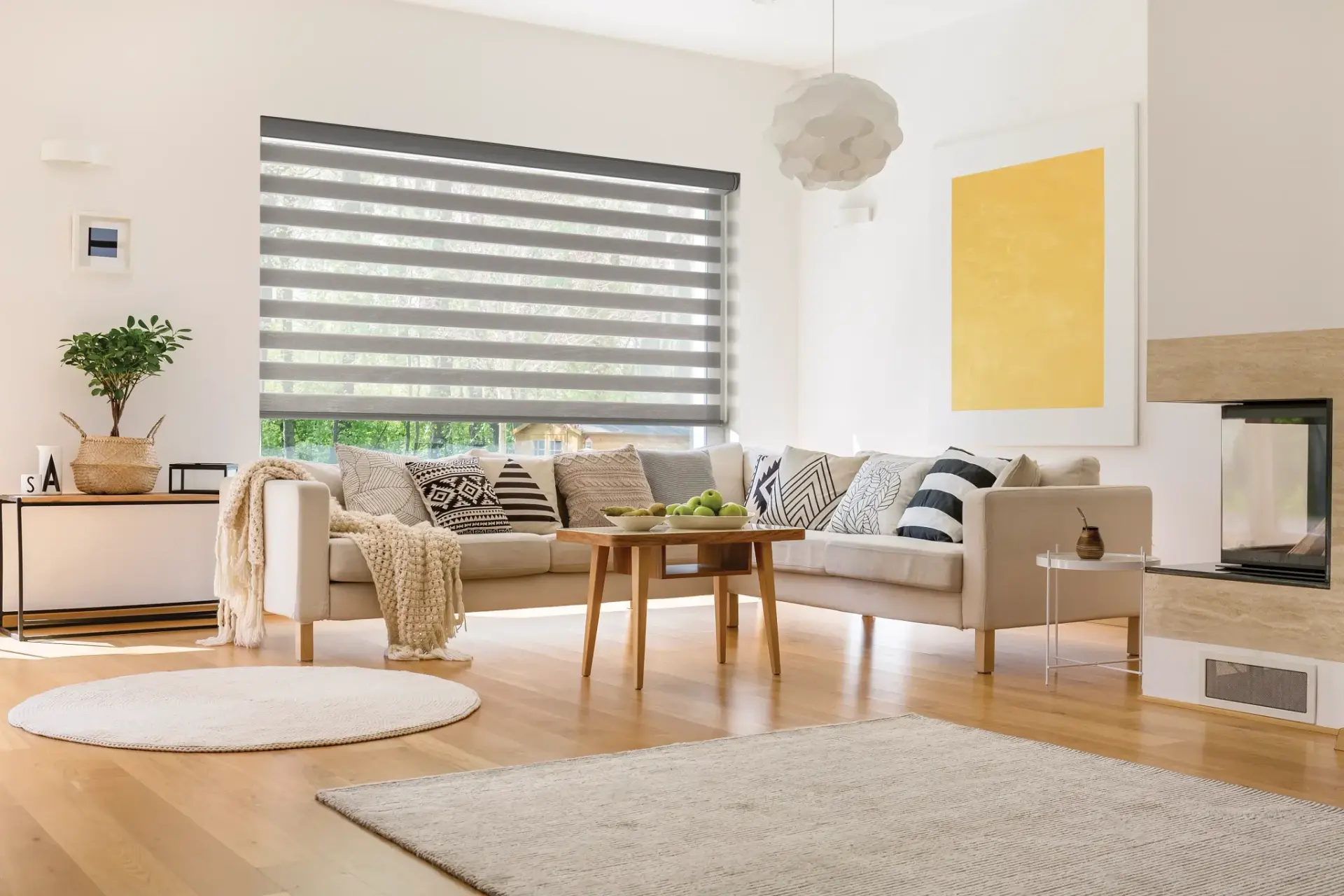 alta motorized windows and shades Alta motorized dual-layer shade on a large living room window, available from Window Coverings by Julie